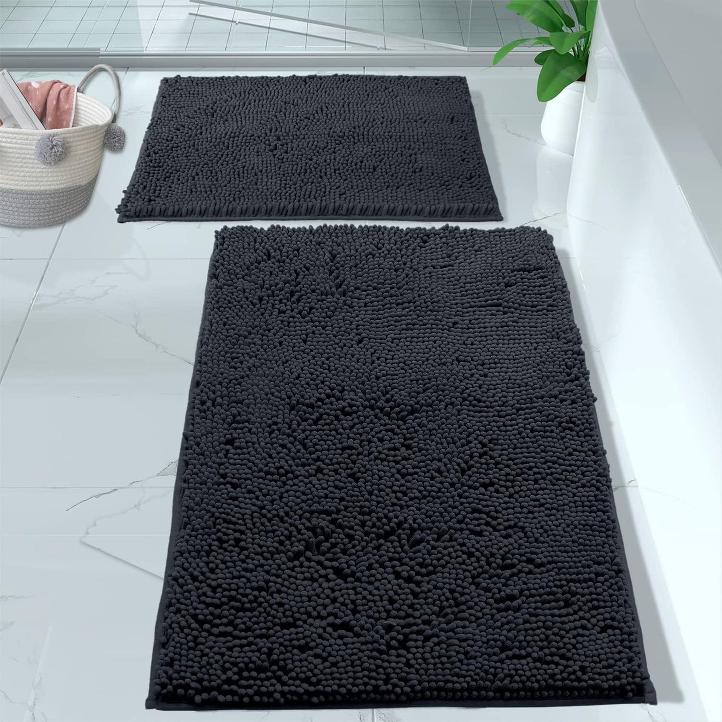 2 Piece Bathroom Rug Set - Premium Plush Bath Mat Shower Rugs, 1" Chenille Microfiber, Non-Slip & Absorbent, Soft & Cozy, Durable Stylish (20X30 & 16X24 Inches, Black)