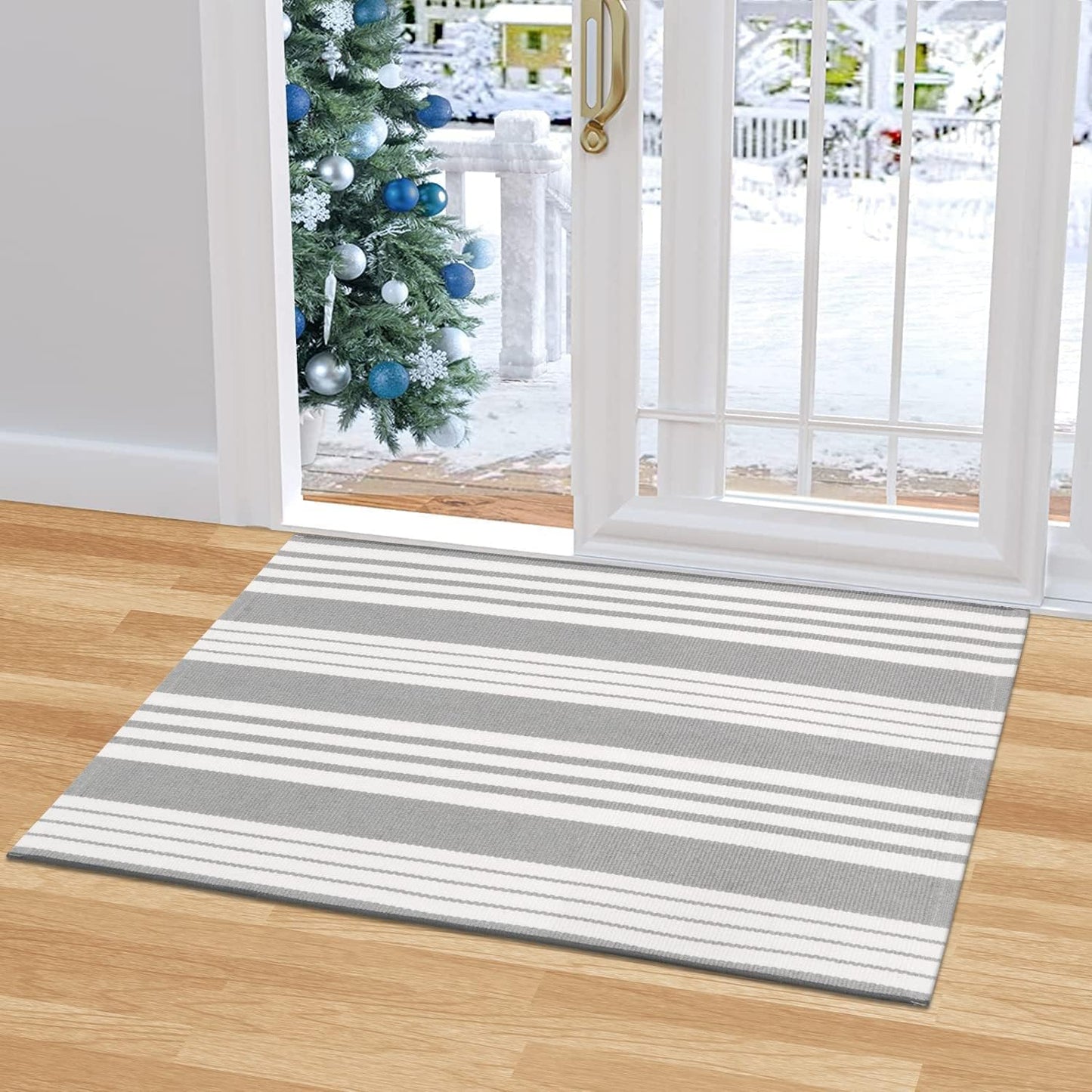 Front Door Mat Outdoor 24"X35" Front Door Rug Gray and White Striped Outdoor Rugs Washable Entry Rug Indoor Door Mats Cotton Woven Small Area Rugs for Entrance/Porch/Kitchen/Entryway