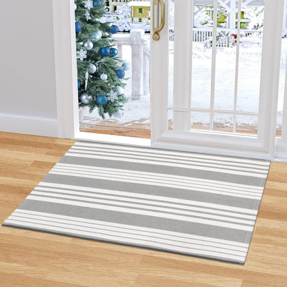 Front Door Mat Outdoor 24"X35" Front Door Rug Gray and White Striped Outdoor Rugs Washable Entry Rug Indoor Door Mats Cotton Woven Small Area Rugs for Entrance/Porch/Kitchen/Entryway