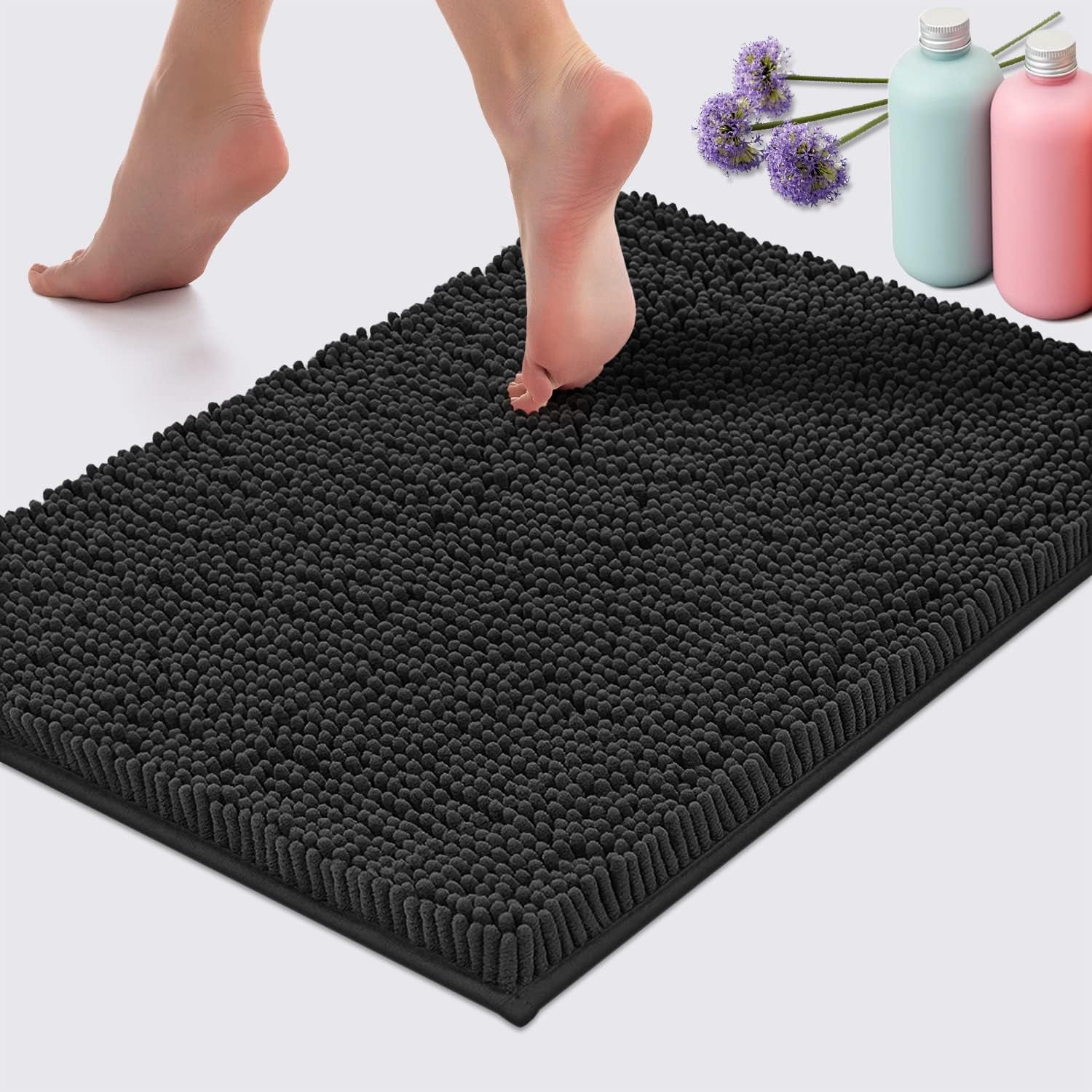 2 Piece Bathroom Rug Set - Premium Plush Bath Mat Shower Rugs, 1" Chenille Microfiber, Non-Slip & Absorbent, Soft & Cozy, Durable Stylish (20X30 & 16X24 Inches, Black)