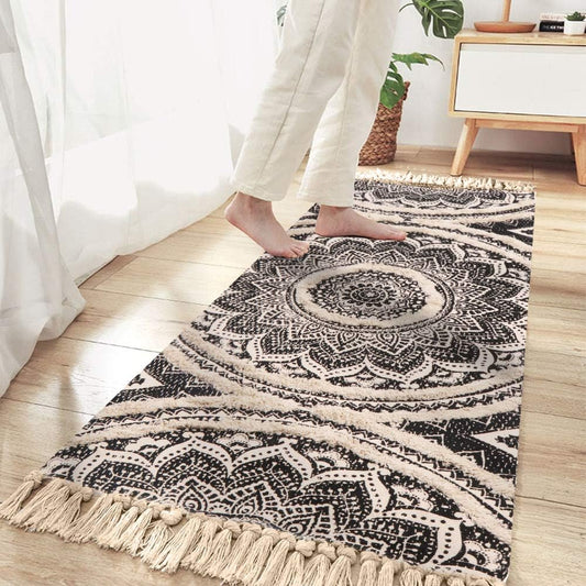 Tufted Cotton Runner Rug, 2.3X5.2 Black Mandala Boho Rugs for Bedroom, Hand Woven Bohemian Runner Throw Rugs, Shag Accent Fringe Tassel Rug for Bedside Kitchen Laundry Room Rug