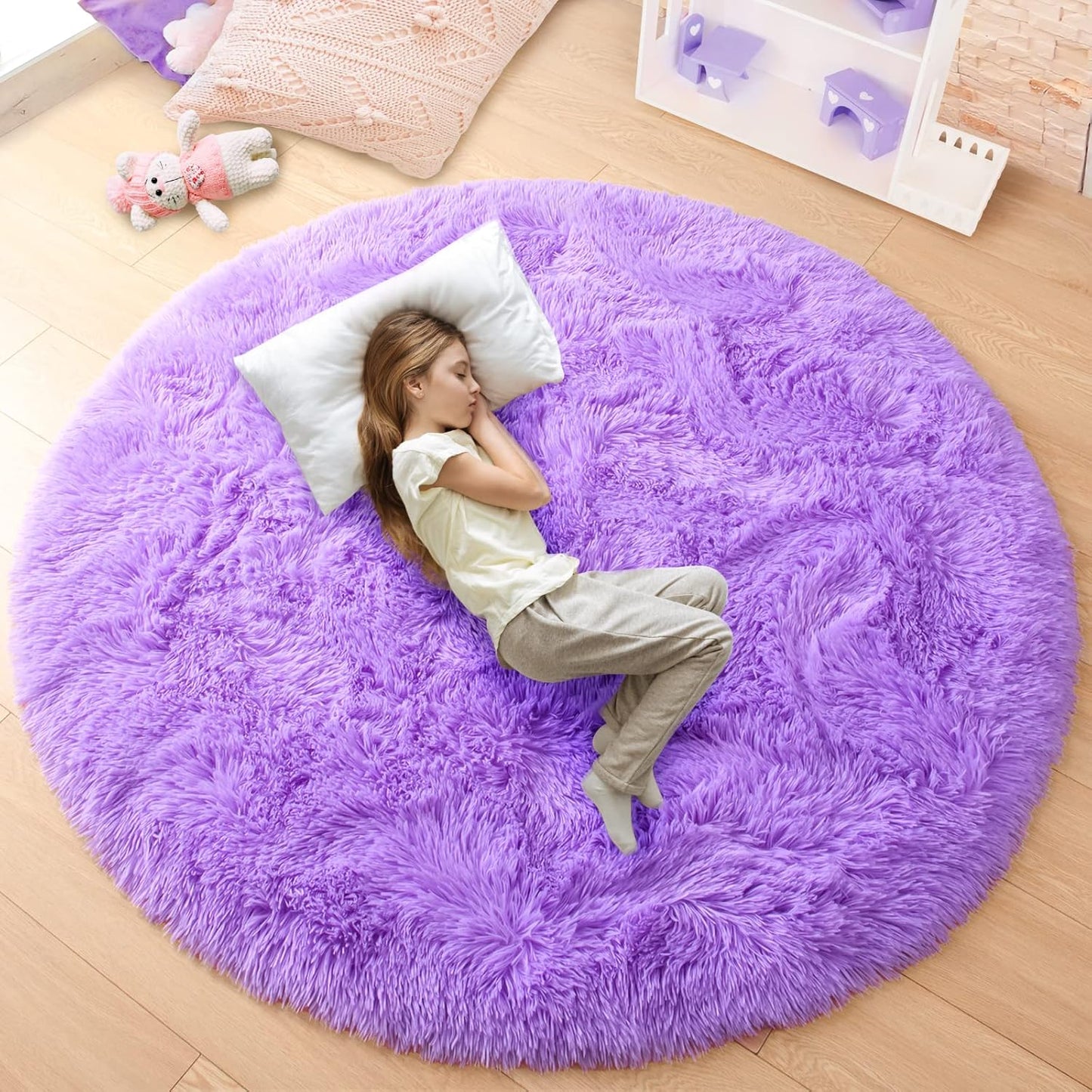 round Rug 4X4 Feet Fluffy Soft Area Rugs for Kids Girls Room Princess Castle Plush Shaggy Carpet Cute Circle Nursery Rug for Kids Girls Bedroom Baby Room Home Decor Circular Carpet, Purple