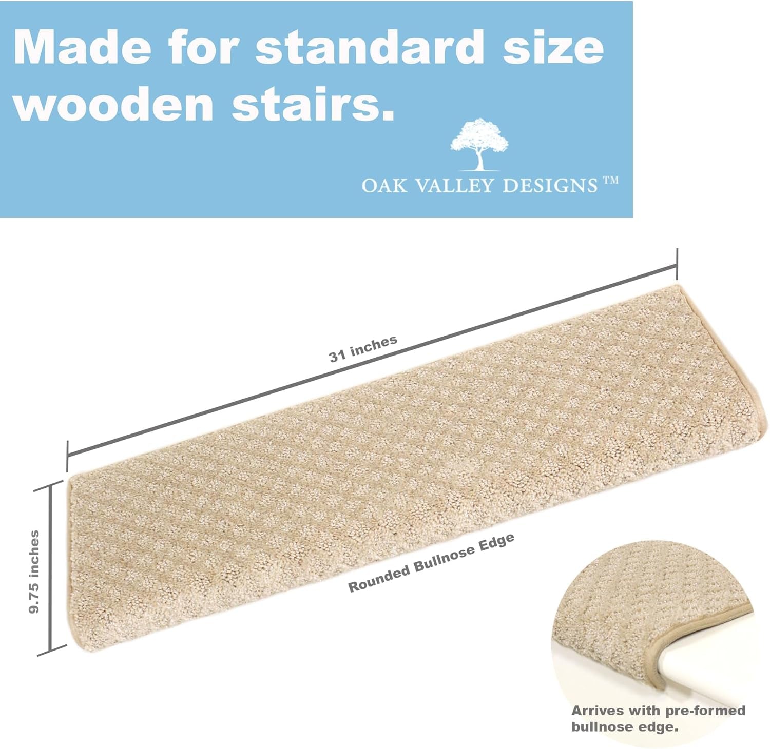 ™ Rounded Bullnose Carpet Stair Treads - anti Slip Indoor Stair Mats for Wooden Stairs, Style: Bayside Charm, Crystal Canyon 31" W X 9.75" D (Set of 14)