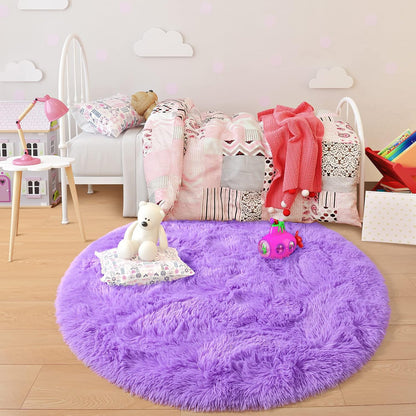 round Rug 4X4 Feet Fluffy Soft Area Rugs for Kids Girls Room Princess Castle Plush Shaggy Carpet Cute Circle Nursery Rug for Kids Girls Bedroom Baby Room Home Decor Circular Carpet, Purple