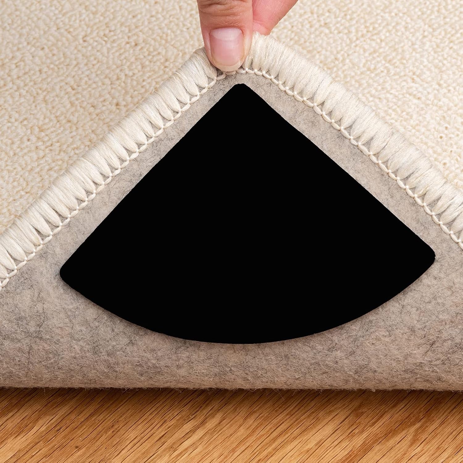 4 Pcs Double Sided anti Curling Reusable Rug Pad,Washable Non Slip Adhesive round Rug Tape for Hardwood Floors, Tile, Keep Your round Rug in Place & Make Corner Flat(Black)