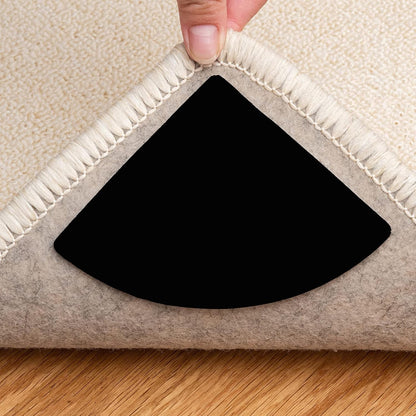4 Pcs Double Sided anti Curling Reusable Rug Pad,Washable Non Slip Adhesive round Rug Tape for Hardwood Floors, Tile, Keep Your round Rug in Place & Make Corner Flat(Black)