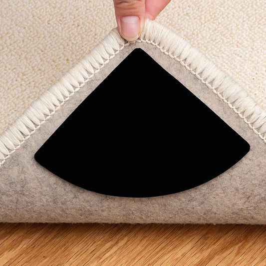 4 Pcs Double Sided anti Curling Reusable Rug Pad,Washable Non Slip Adhesive round Rug Tape for Hardwood Floors, Tile, Keep Your round Rug in Place & Make Corner Flat(Black)