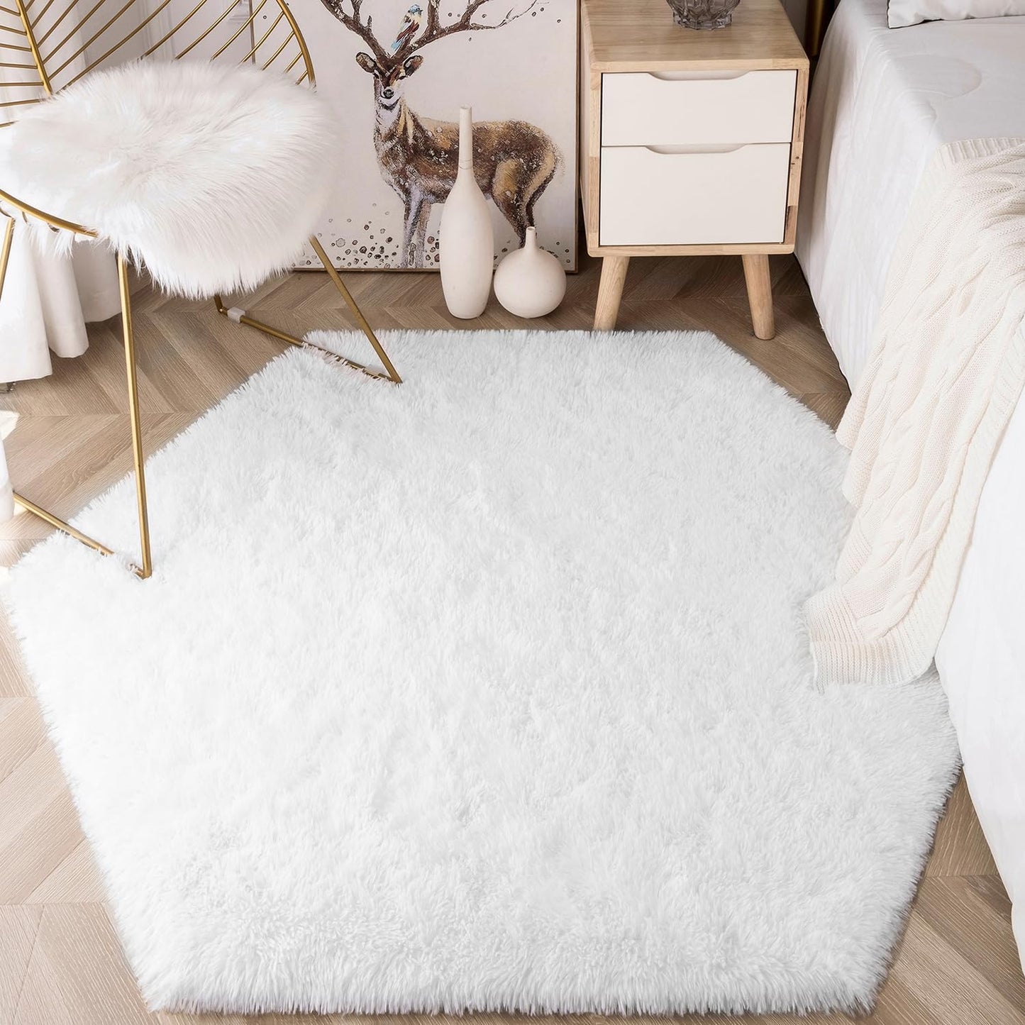 White Hexagon Area Rug for Princess Tent, 4X4.6 Feet, Fluffy, Soft, Non-Slip, Comforts, Washable