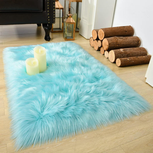 Soft Fluffy Faux Fur Rugs for Bedroom Bedside Rug 2X3 Feet, Washable, Furry Sheepskin Area Rug for Living Room Girls Room, Luxury Shag Carpet Home Decor, Blue