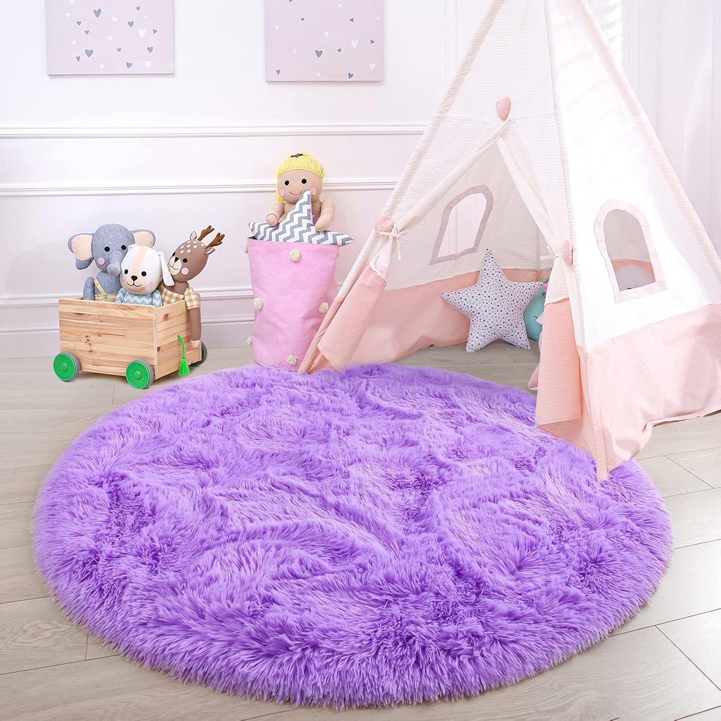 round Rug 4X4 Feet Fluffy Soft Area Rugs for Kids Girls Room Princess Castle Plush Shaggy Carpet Cute Circle Nursery Rug for Kids Girls Bedroom Baby Room Home Decor Circular Carpet, Purple