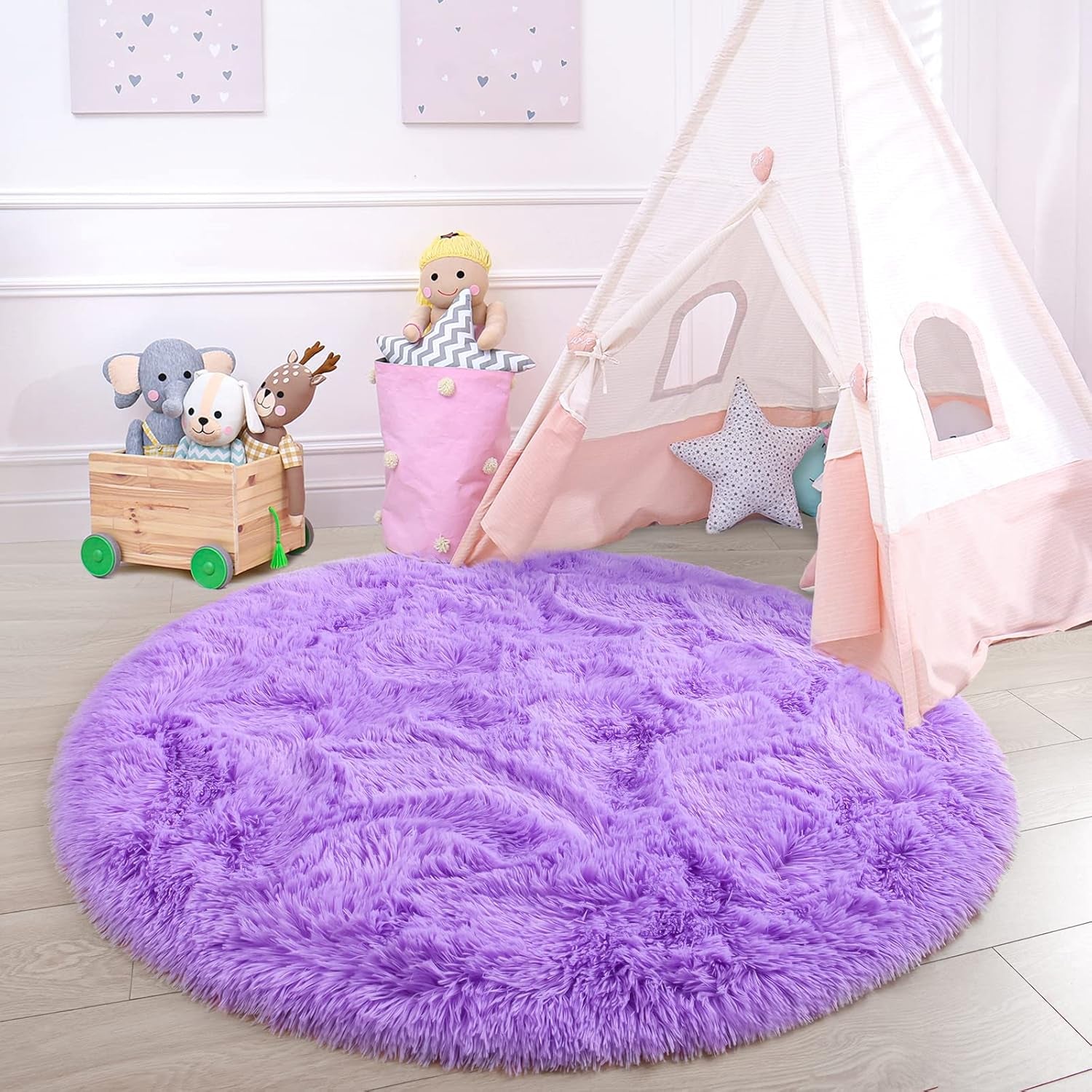 round Rug 4X4 Feet Fluffy Soft Area Rugs for Kids Girls Room Princess Castle Plush Shaggy Carpet Cute Circle Nursery Rug for Kids Girls Bedroom Baby Room Home Decor Circular Carpet, Purple