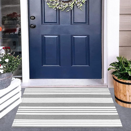 Front Door Mat Outdoor 24"X35" Front Door Rug Gray and White Striped Outdoor Rugs Washable Entry Rug Indoor Door Mats Cotton Woven Small Area Rugs for Entrance/Porch/Kitchen/Entryway