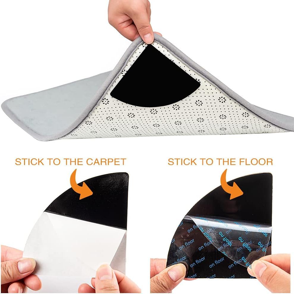 4 Pcs Double Sided anti Curling Reusable Rug Pad,Washable Non Slip Adhesive round Rug Tape for Hardwood Floors, Tile, Keep Your round Rug in Place & Make Corner Flat(Black)