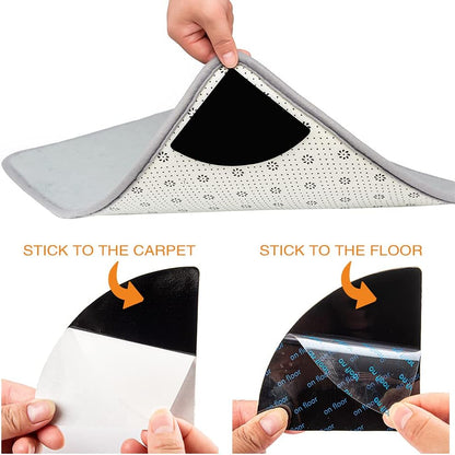 4 Pcs Double Sided anti Curling Reusable Rug Pad,Washable Non Slip Adhesive round Rug Tape for Hardwood Floors, Tile, Keep Your round Rug in Place & Make Corner Flat(Black)