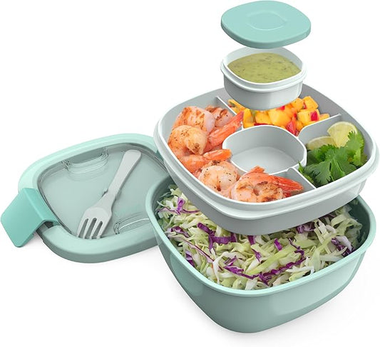 Bowl with 4-Compartment Toppings Tray, Leak-Proof