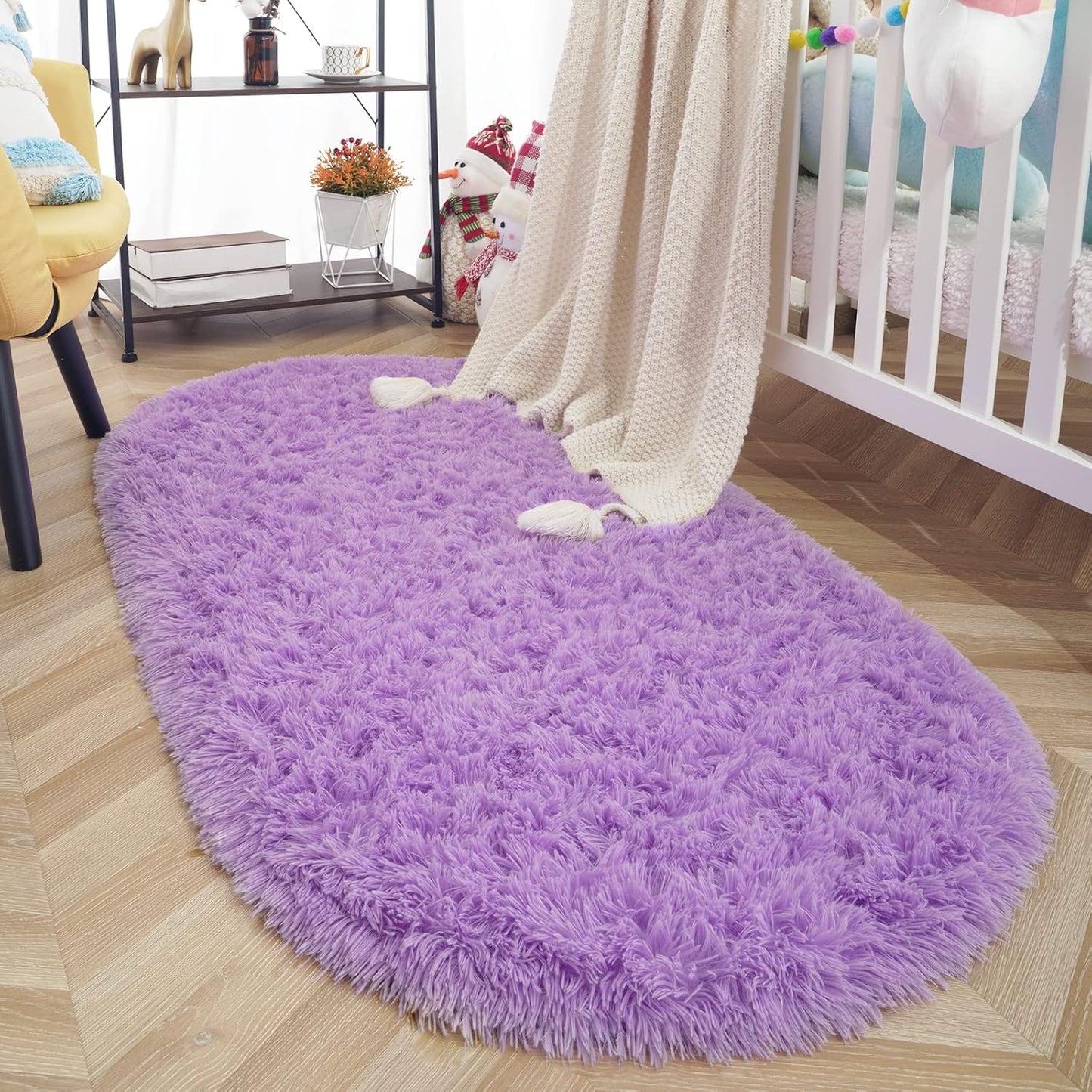 Oval Fluffy Rug Carpets, Modern Plush Shaggy Area Rug for Kids Bedroom Extra Comfy Cute Nursery Mat Bedside Mats for Boys Girls Room Home Decor, 2.6 X 5.3Ft, Purple