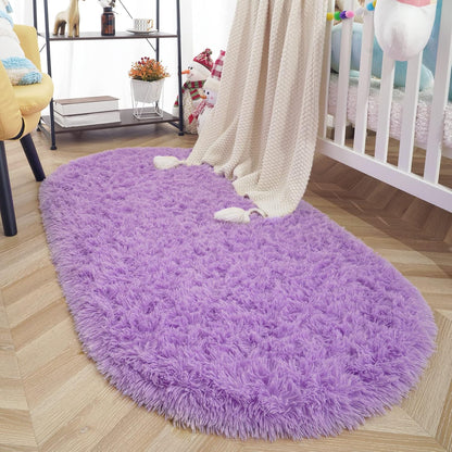 Oval Fluffy Rug Carpets, Modern Plush Shaggy Area Rug for Kids Bedroom Extra Comfy Cute Nursery Mat Bedside Mats for Boys Girls Room Home Decor, 2.6 X 5.3Ft, Purple