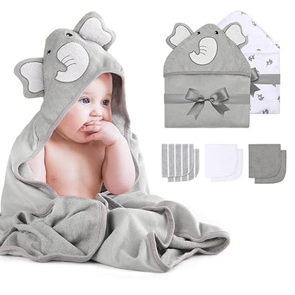 Elephant Hooded Baby Towel - 8 Piece Bath Essential, 2 x Towels and 6 x Wash Cloth