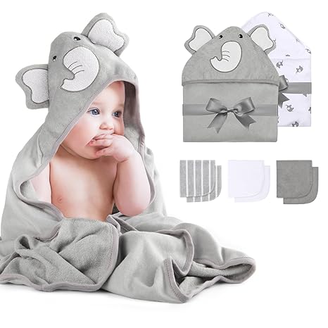 Elephant Hooded Baby Towel - 8 Piece Bath Essential, 2 x Towels and 6 x Wash Cloth