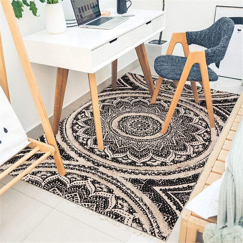 Tufted Cotton Runner Rug, 2.3X5.2 Black Mandala Boho Rugs for Bedroom, Hand Woven Bohemian Runner Throw Rugs, Shag Accent Fringe Tassel Rug for Bedside Kitchen Laundry Room Rug