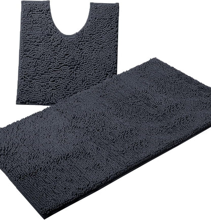 2 Piece Bathroom Rug Set - Premium Plush Bath Mat Shower Rugs, 1" Chenille Microfiber, Non-Slip & Absorbent, Soft & Cozy, Durable Stylish (20X30 & 16X24 Inches, Black)