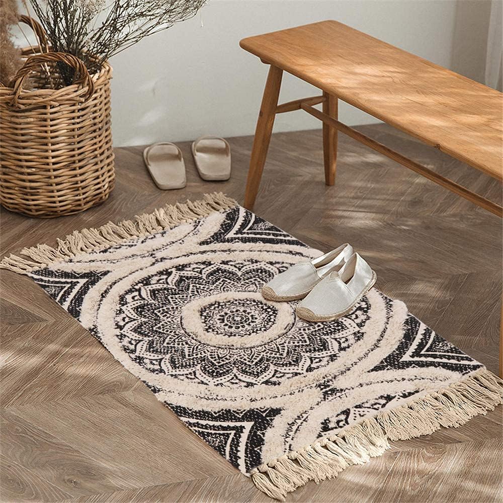 Tufted Cotton Runner Rug, 2.3X5.2 Black Mandala Boho Rugs for Bedroom, Hand Woven Bohemian Runner Throw Rugs, Shag Accent Fringe Tassel Rug for Bedside Kitchen Laundry Room Rug