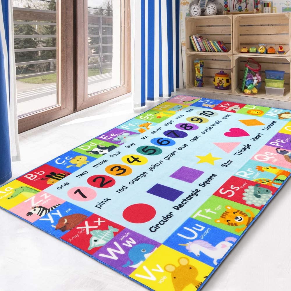 Kids Play Rug 4Ft ABC Alphabet Numbers Shapes Educational Kid Area Rug Washable Baby Crawling Mat Non Slip Kid Play Mat Carpet for Girl Boy Bedroom Playroom