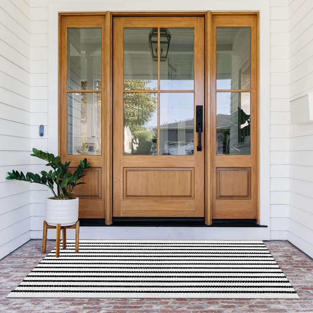 Black Boho Cotton Woven Rug Large 4'X6' Ft Modern Area Throw Rugs Carpet Kilim for Living Room Bedroom Floor Porch Farmhouse Flatweave Fring Moroccan Rug