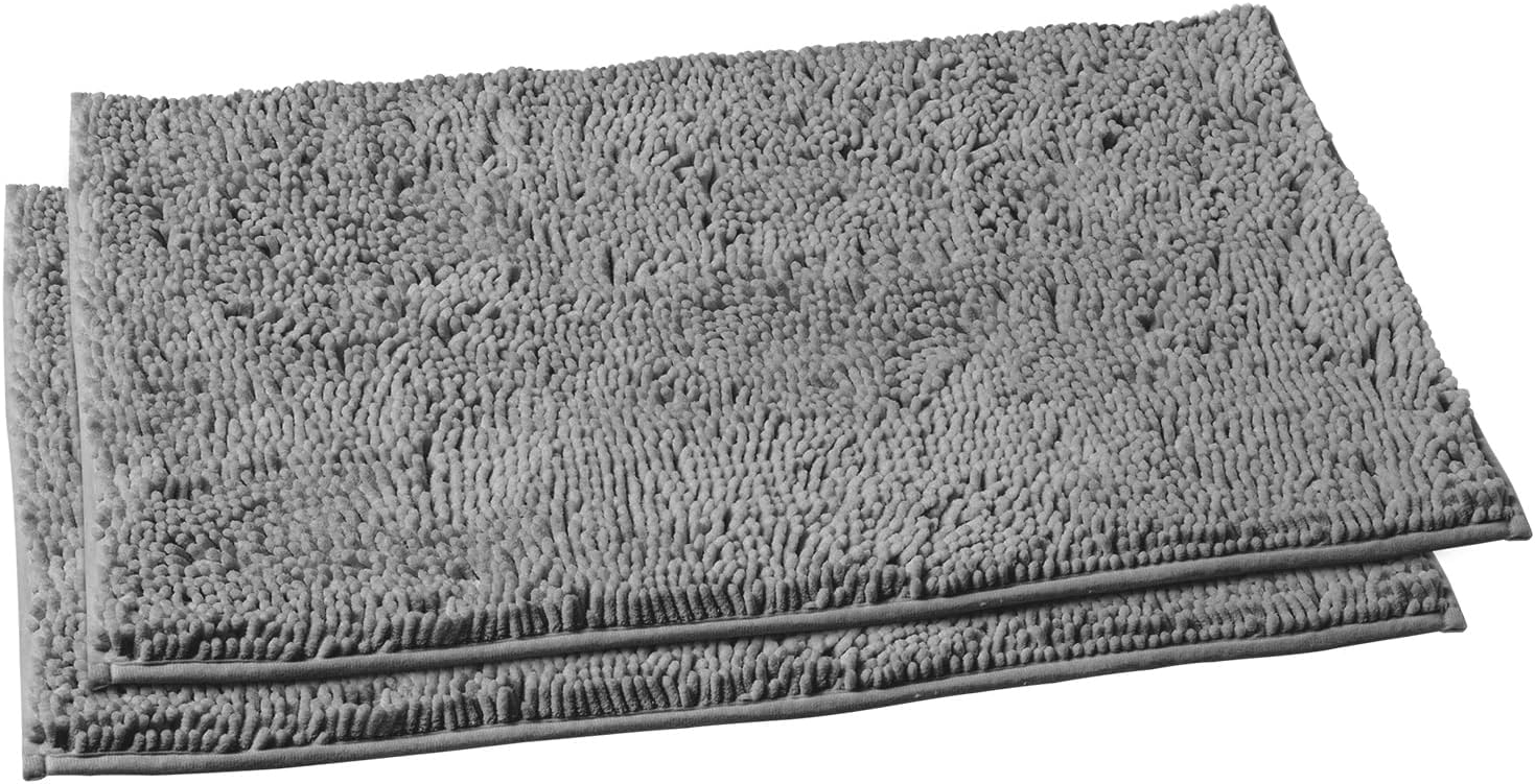 2 Piece Bathroom Rug Set - Premium Plush Bath Mat Shower Rugs, 1" Chenille Microfiber, Non-Slip & Absorbent, Soft & Cozy, Durable Stylish (20X30 & 16X24 Inches, Black)