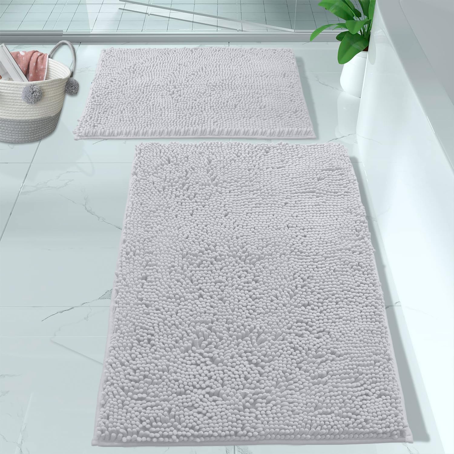 2 Piece Bathroom Rug Set - Premium Plush Bath Mat Shower Rugs, 1" Chenille Microfiber, Non-Slip & Absorbent, Soft & Cozy, Durable Stylish (20X30 & 16X24 Inches, Black)