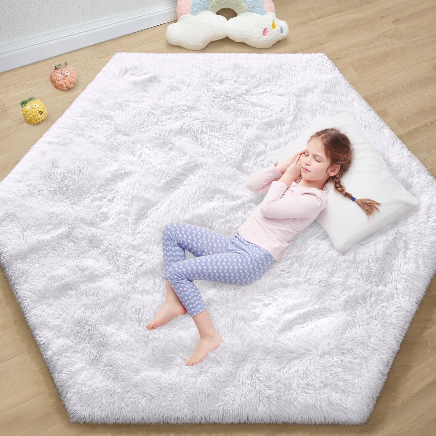 White Hexagon Area Rug for Princess Tent, 4X4.6 Feet, Fluffy, Soft, Non-Slip, Comforts, Washable