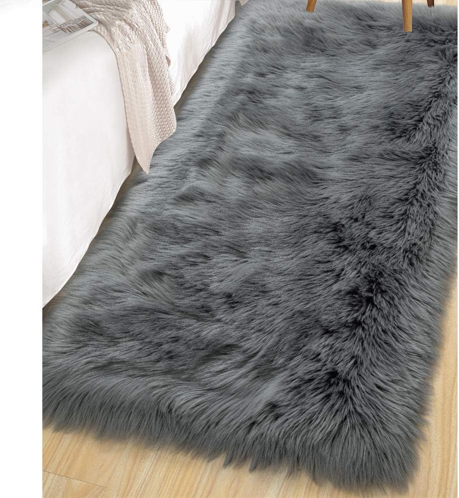 Soft Fluffy Faux Fur Rugs for Bedroom Bedside Rug 2X3 Feet, Washable, Furry Sheepskin Area Rug for Living Room Girls Room, Luxury Shag Carpet Home Decor, Blue