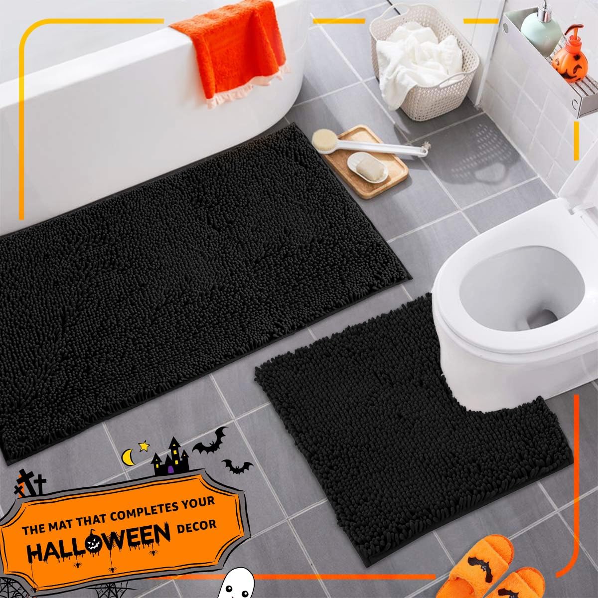 2 Piece Bathroom Rug Set - Premium Plush Bath Mat Shower Rugs, 1" Chenille Microfiber, Non-Slip & Absorbent, Soft & Cozy, Durable Stylish (20X30 & 16X24 Inches, Black)