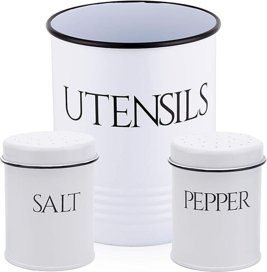 Large Kitchen Utensil Holder with Matching Salt and Pepper Shakers