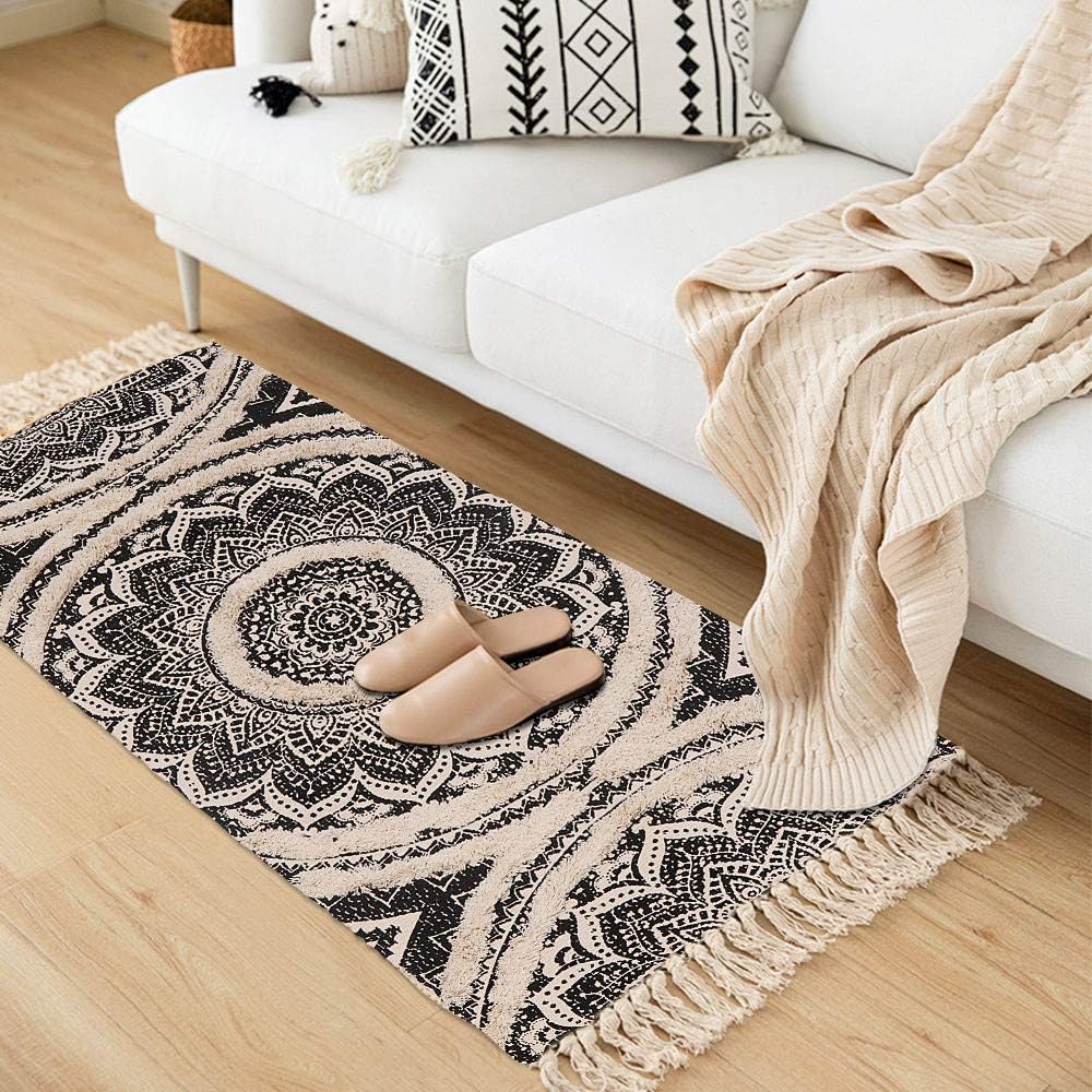 Tufted Cotton Runner Rug, 2.3X5.2 Black Mandala Boho Rugs for Bedroom, Hand Woven Bohemian Runner Throw Rugs, Shag Accent Fringe Tassel Rug for Bedside Kitchen Laundry Room Rug