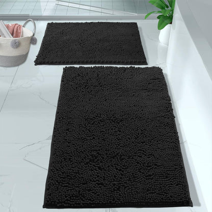 2 Piece Bathroom Rug Set - Premium Plush Bath Mat Shower Rugs, 1" Chenille Microfiber, Non-Slip & Absorbent, Soft & Cozy, Durable Stylish (20X30 & 16X24 Inches, Black)