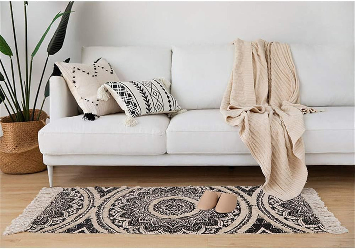 Tufted Cotton Runner Rug, 2.3X5.2 Black Mandala Boho Rugs for Bedroom, Hand Woven Bohemian Runner Throw Rugs, Shag Accent Fringe Tassel Rug for Bedside Kitchen Laundry Room Rug