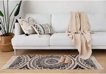 Tufted Cotton Runner Rug, 2.3X5.2 Black Mandala Boho Rugs for Bedroom, Hand Woven Bohemian Runner Throw Rugs, Shag Accent Fringe Tassel Rug for Bedside Kitchen Laundry Room Rug