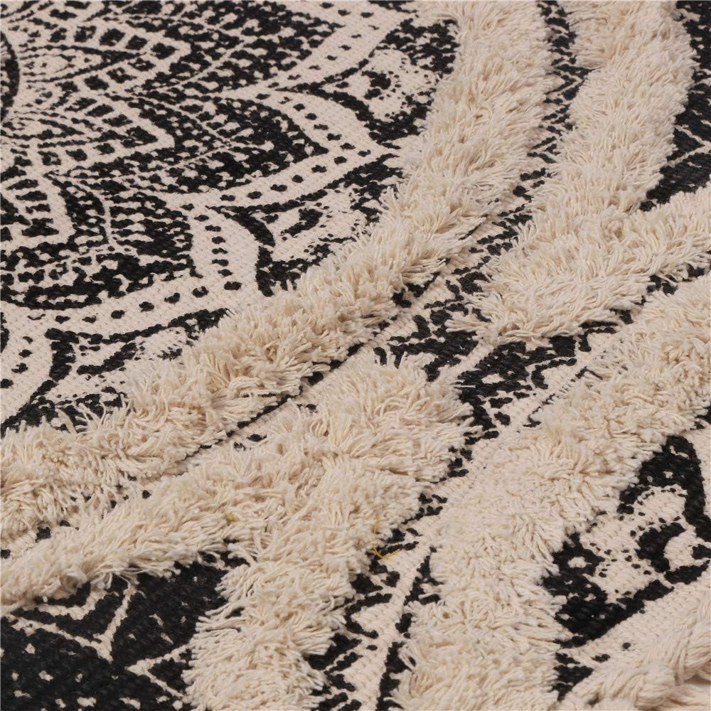 Tufted Cotton Runner Rug, 2.3X5.2 Black Mandala Boho Rugs for Bedroom, Hand Woven Bohemian Runner Throw Rugs, Shag Accent Fringe Tassel Rug for Bedside Kitchen Laundry Room Rug