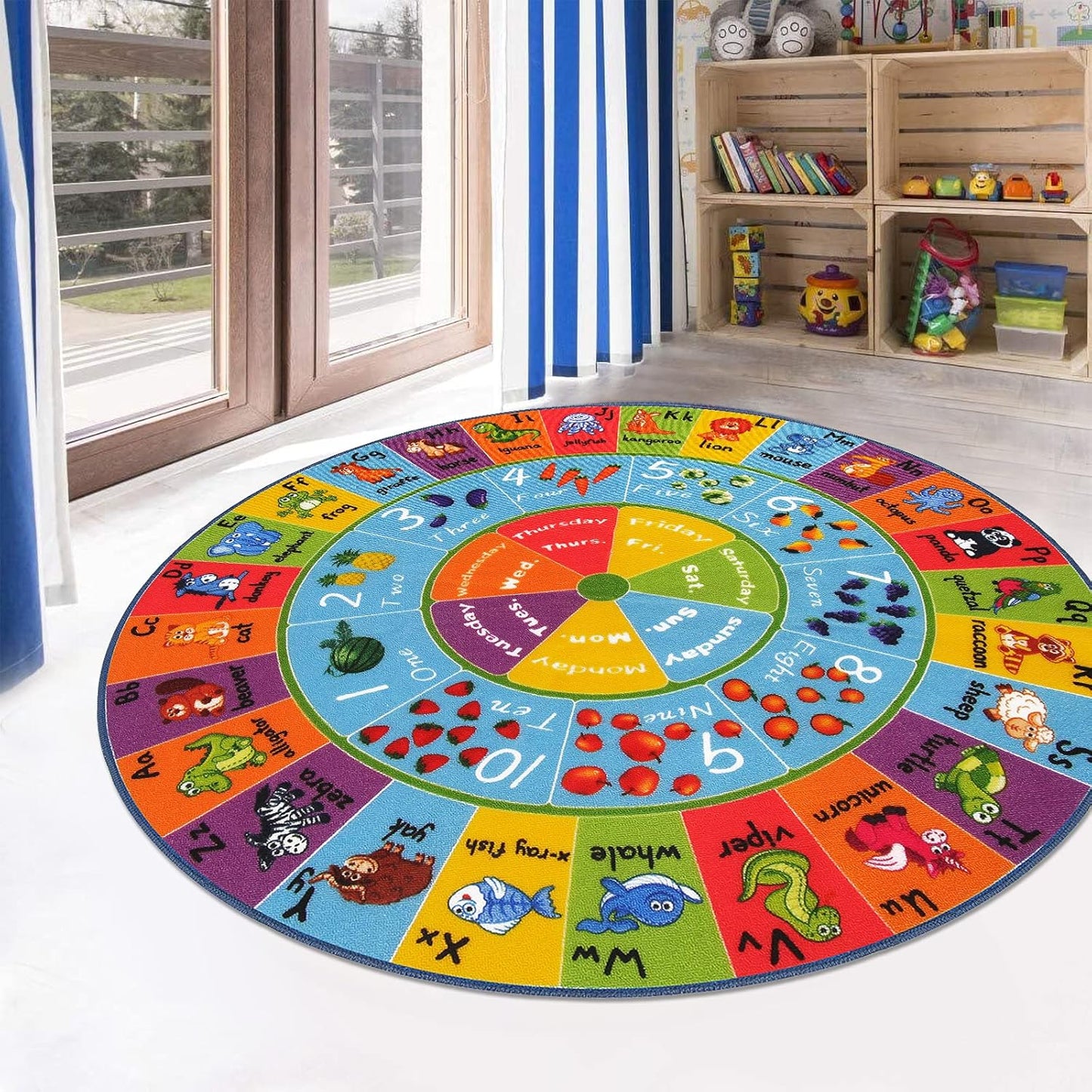 Kids Play Rug 4Ft ABC Alphabet Numbers Shapes Educational Kid Area Rug Washable Baby Crawling Mat Non Slip Kid Play Mat Carpet for Girl Boy Bedroom Playroom