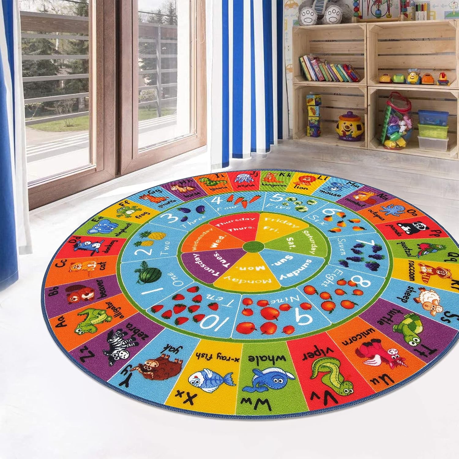 Kids Play Rug 4Ft ABC Alphabet Numbers Shapes Educational Kid Area Rug Washable Baby Crawling Mat Non Slip Kid Play Mat Carpet for Girl Boy Bedroom Playroom