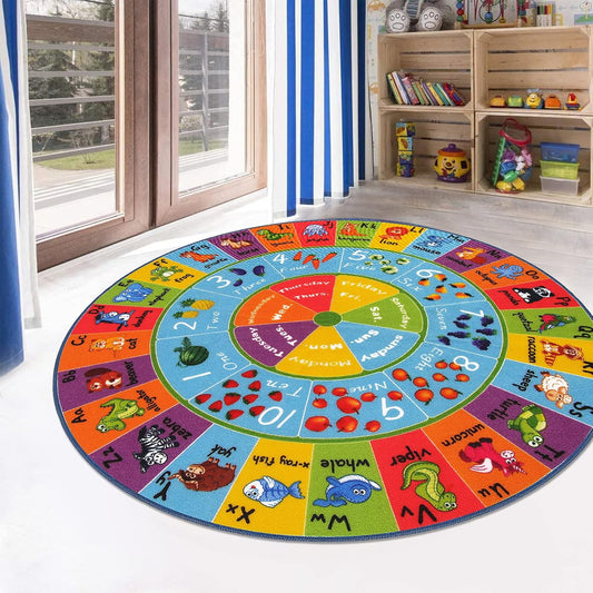 Kids Play Rug 4Ft ABC Alphabet Numbers Shapes Educational Kid Area Rug Washable Baby Crawling Mat Non Slip Kid Play Mat Carpet for Girl Boy Bedroom Playroom