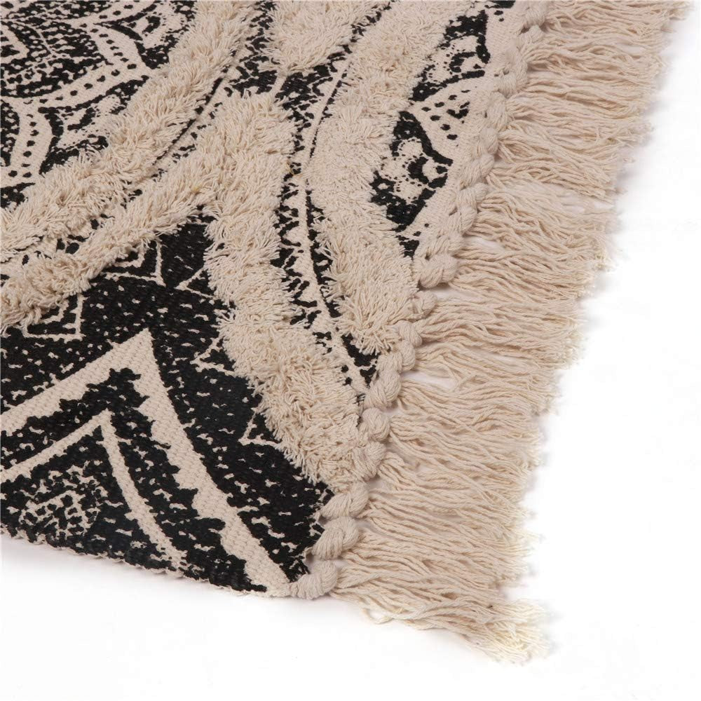 Tufted Cotton Runner Rug, 2.3X5.2 Black Mandala Boho Rugs for Bedroom, Hand Woven Bohemian Runner Throw Rugs, Shag Accent Fringe Tassel Rug for Bedside Kitchen Laundry Room Rug