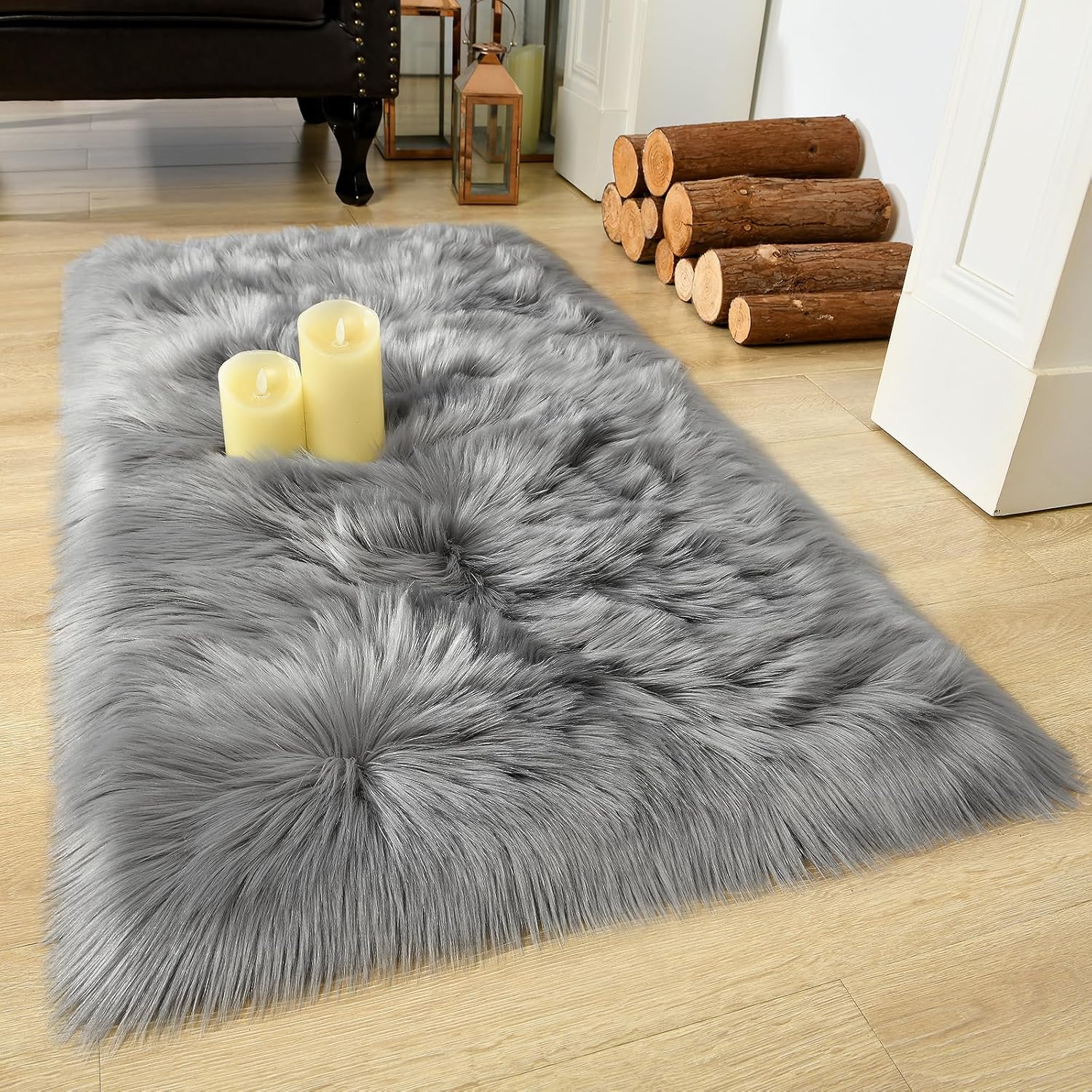 Soft Fluffy Faux Fur Rugs for Bedroom Bedside Rug 2X3 Feet, Washable, Furry Sheepskin Area Rug for Living Room Girls Room, Luxury Shag Carpet Home Decor, Blue