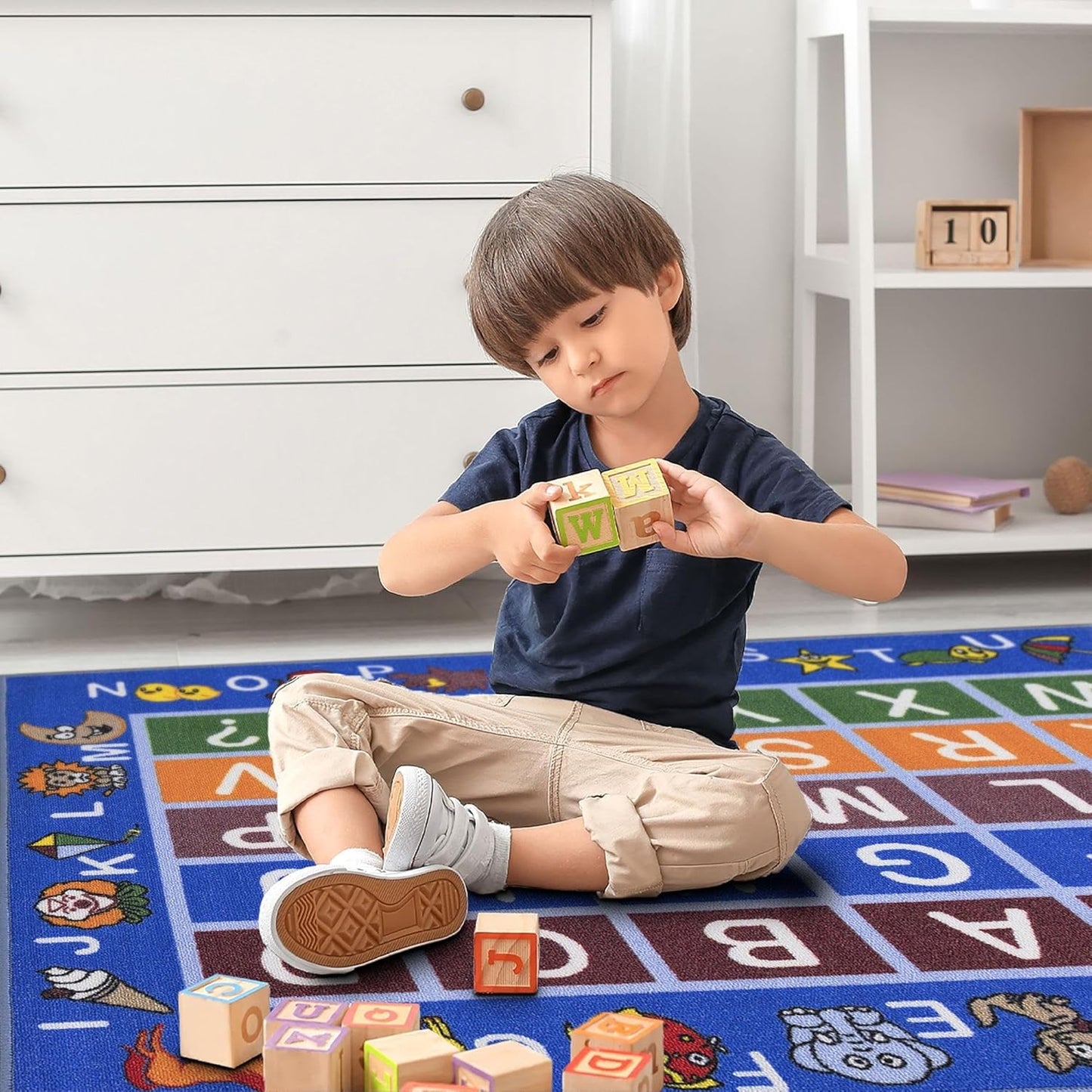 3'3" X 5' Alphabet Kids Rug - Educational ABC Play Mat for Playroom, Bedroom, Daycare & Classroom - Fun & Interactive Learning Carpet - Durable & Non-Slip for High-Traffic Areas, Blue
