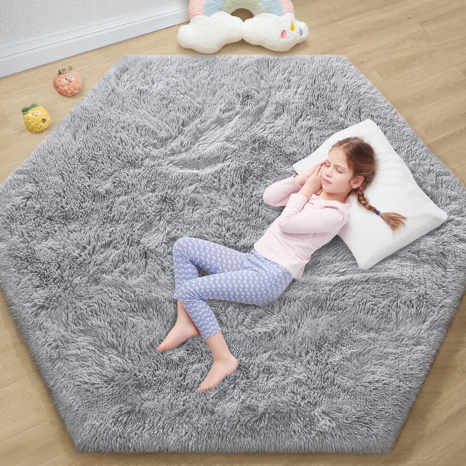 White Hexagon Area Rug for Princess Tent, 4X4.6 Feet, Fluffy, Soft, Non-Slip, Comforts, Washable