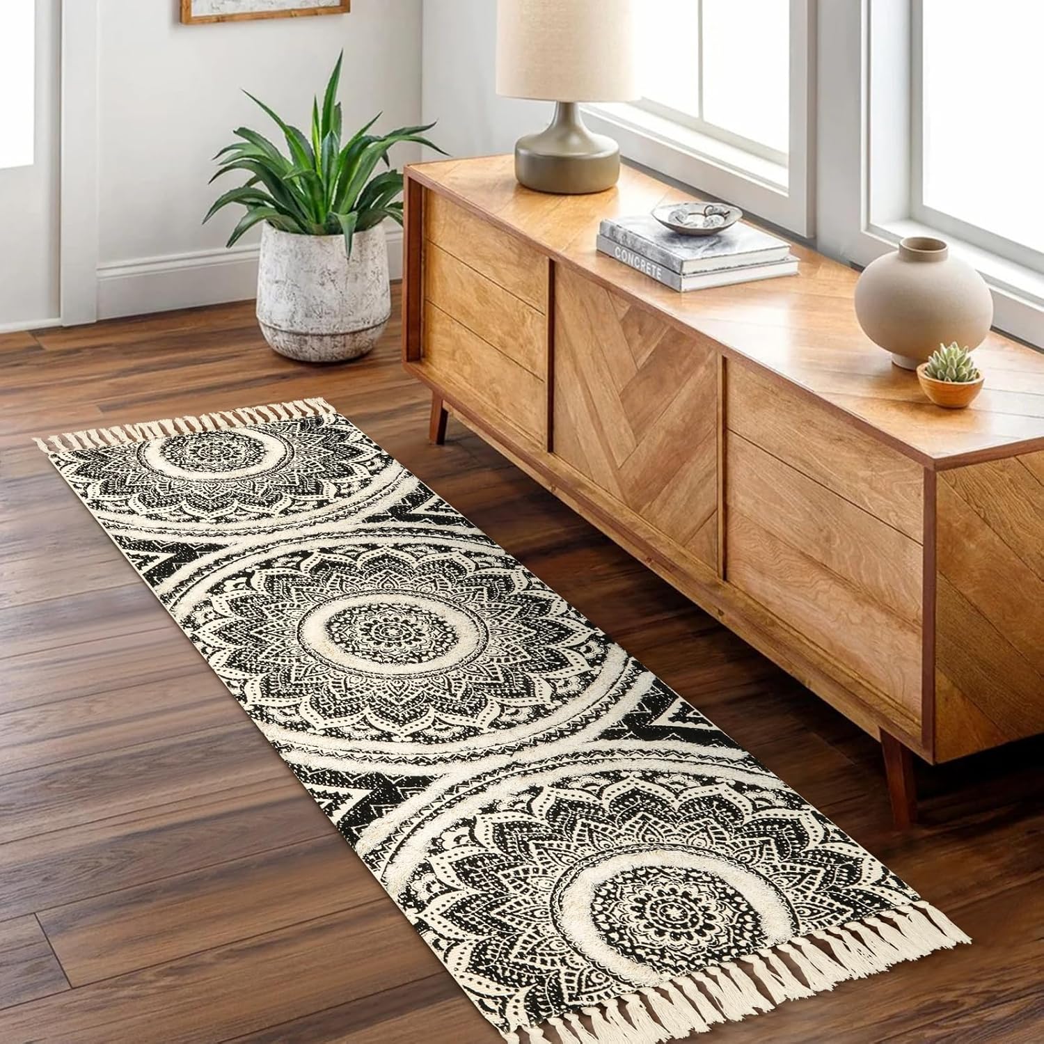 Tufted Cotton Runner Rug, 2.3X5.2 Black Mandala Boho Rugs for Bedroom, Hand Woven Bohemian Runner Throw Rugs, Shag Accent Fringe Tassel Rug for Bedside Kitchen Laundry Room Rug