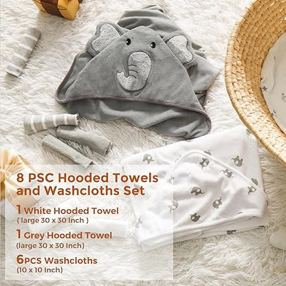 Elephant Hooded Baby Towel - 8 Piece Bath Essential, 2 x Towels and 6 x Wash Cloth