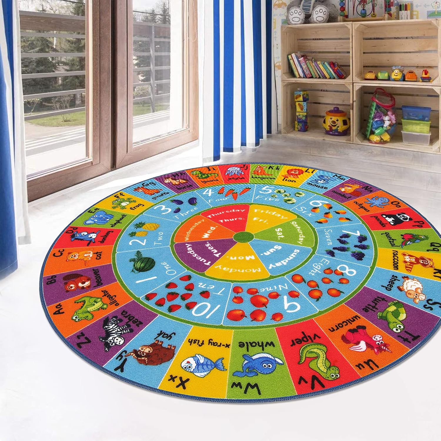 Kids Play Rug 4Ft ABC Alphabet Numbers Shapes Educational Kid Area Rug Washable Baby Crawling Mat Non Slip Kid Play Mat Carpet for Girl Boy Bedroom Playroom
