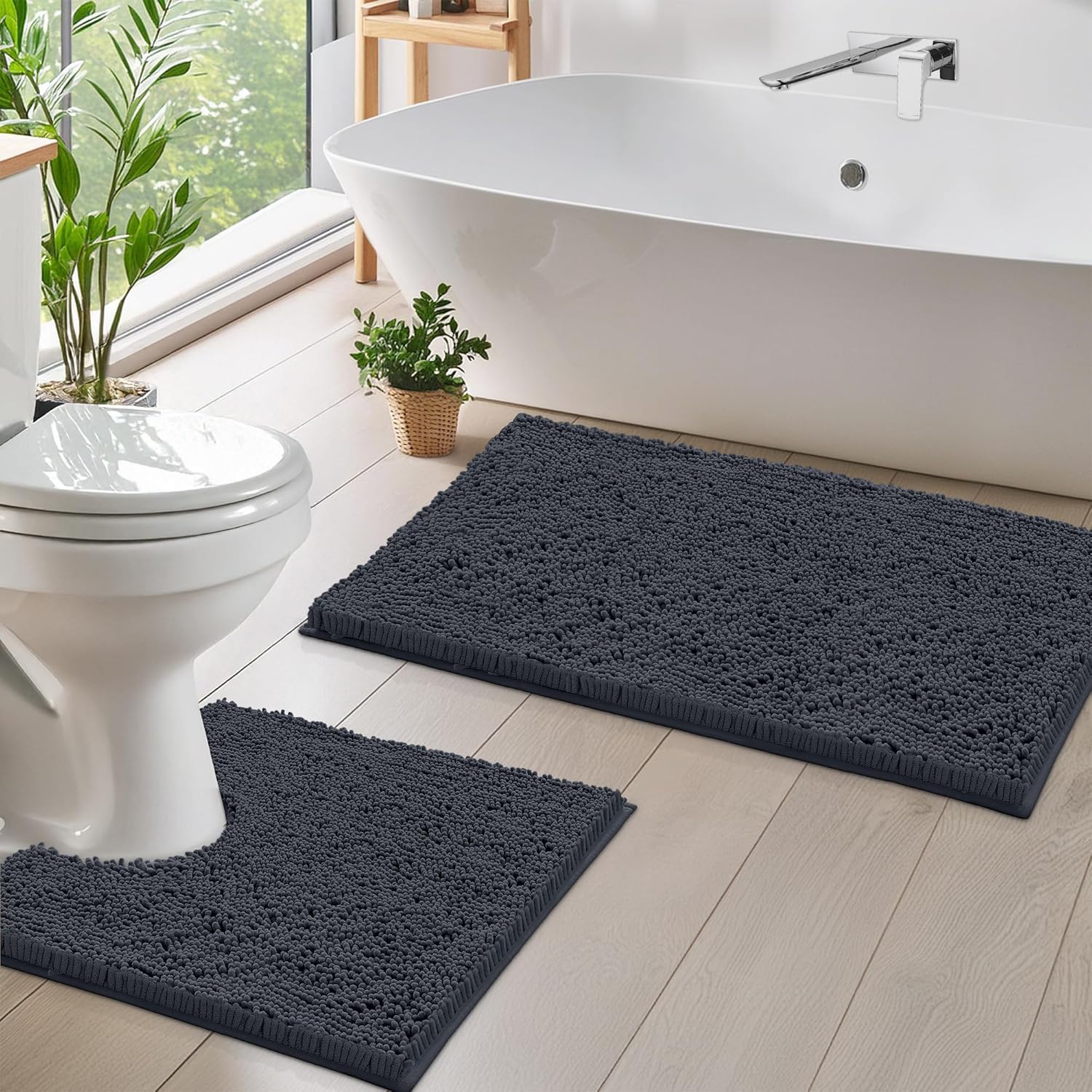 2 Piece Bathroom Rug Set - Premium Plush Bath Mat Shower Rugs, 1" Chenille Microfiber, Non-Slip & Absorbent, Soft & Cozy, Durable Stylish (20X30 & 16X24 Inches, Black)